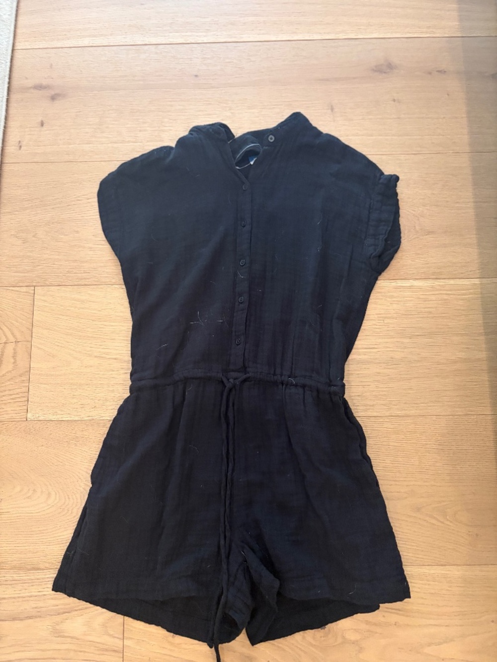 Black Double Gauze Romper Drawstring Waist Short Sleeve Women’s